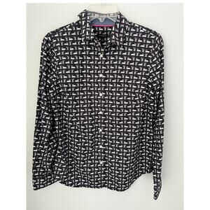 Talbots Swan Print Shirt Cotton Long Sleeve Button Navy Casual Womens Size 4